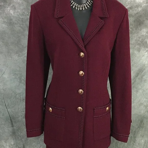 BEAUTIFUL st john collection knit burgundy jacket skirt suit size 10 12 - Picture 4 of 10